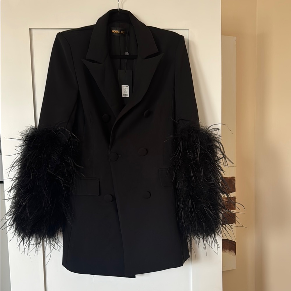 Lioness Black Blazer Dress with Luxurious Fur Trim